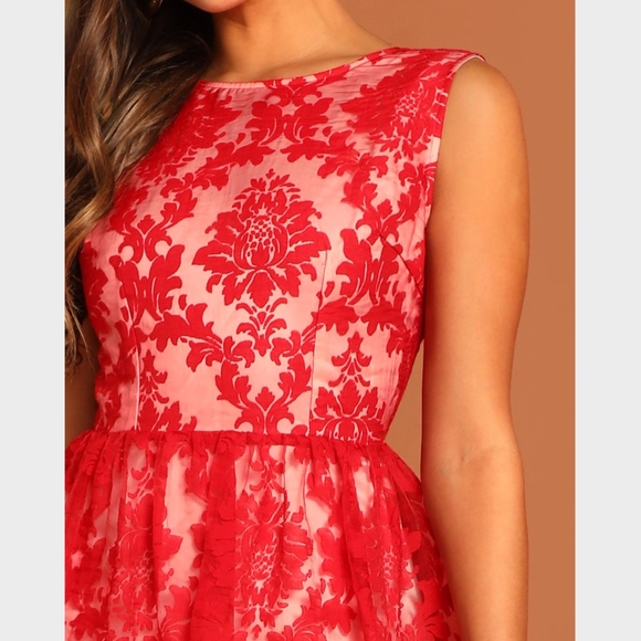 Red Mesh Floral Damask Fit & Flare Dress - Picture 6 of 8